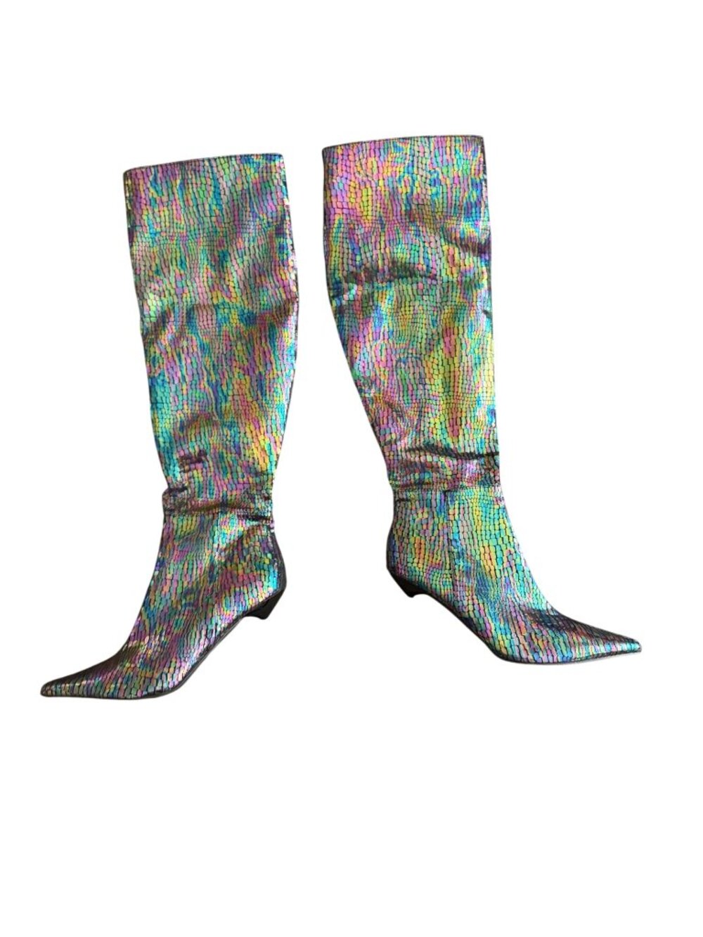 Holographic Snake Print Knee-High Boots With Stiletto Heel & Pointed Toe Womens